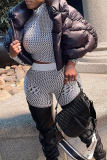 Black Casual Solid Patchwork Mandarin Collar Outerwear