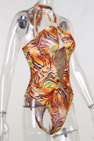 Red Sexy Print Hollowed Out Patchwork Swimwears