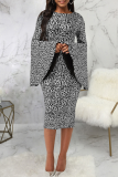 Red Street Print Patchwork O Neck Pencil Skirt Dresses