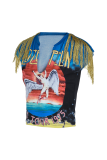 Blue Sexy Print Tassel V Neck Tops