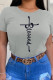 Grey Casual Daily Print Letter O Neck T-Shirts