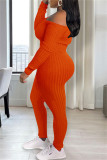 Orange Casual Solid Backless Off the Shoulder Long Sleeve Two Pieces