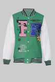 Green Casual Letter Patchwork Cardigan Plus Size Overcoat