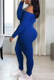 Blue Casual Solid Backless Off the Shoulder Long Sleeve Two Pieces