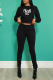 Black Casual Print Patchwork O Neck Long Sleeve Two Pieces