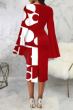 Red Street Print Patchwork O Neck Pencil Skirt Dresses
