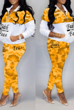 Red Street Camouflage Print Patchwork Turndown Collar Long Sleeve Two Pieces