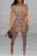 Khaki Street Print Slit O Neck Short Sleeve Two Pieces