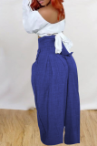 Blue Casual Solid Patchwork Loose High Waist Wide Leg Solid Color Bottoms