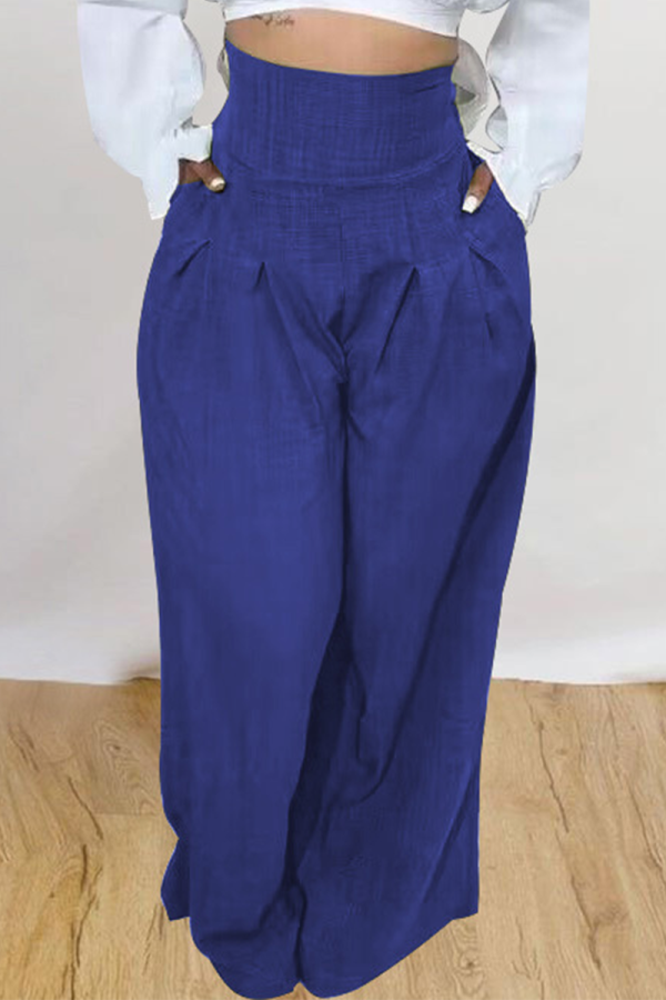 Blue Casual Solid Patchwork Loose High Waist Wide Leg Solid Color Bottoms