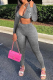 Grey Sexy Solid Patchwork V Neck Long Sleeve Two Pieces