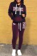 Burgundy Casual Striped Print Patchwork Letter Hooded Collar Long Sleeve Two Pieces