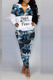 Red Street Camouflage Print Patchwork Turndown Collar Long Sleeve Two Pieces