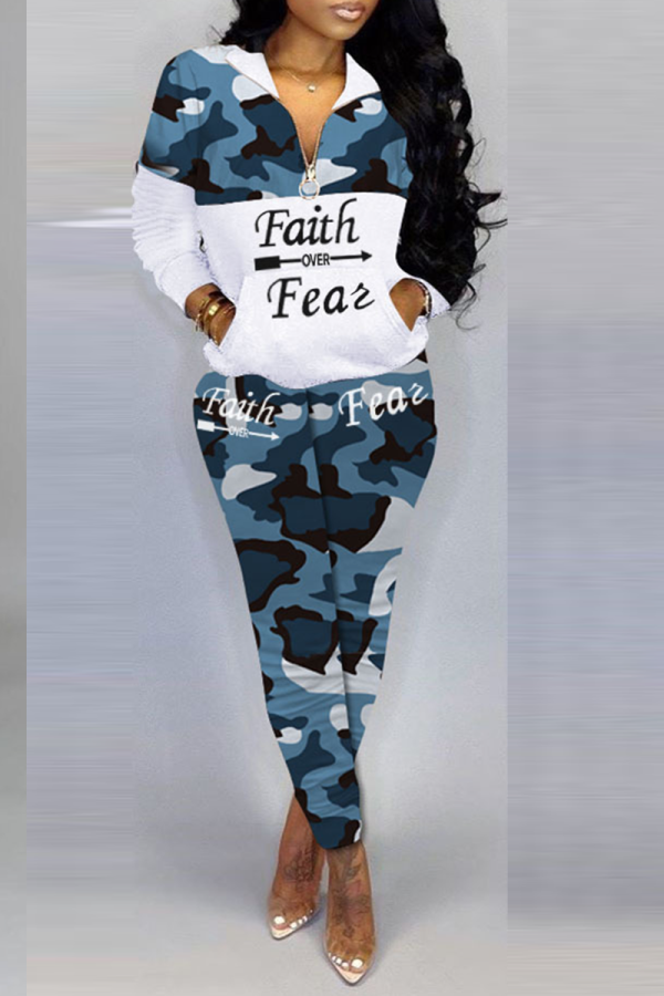 Blue Street Camouflage Print Patchwork Turndown Collar Long Sleeve Two Pieces