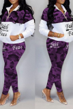 Red Street Camouflage Print Patchwork Turndown Collar Long Sleeve Two Pieces