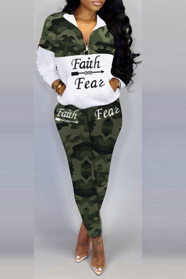 Green Street Camouflage Print Patchwork Turndown Collar Long Sleeve Two Pieces