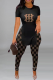 Black Street Print Slit O Neck Short Sleeve Two Pieces