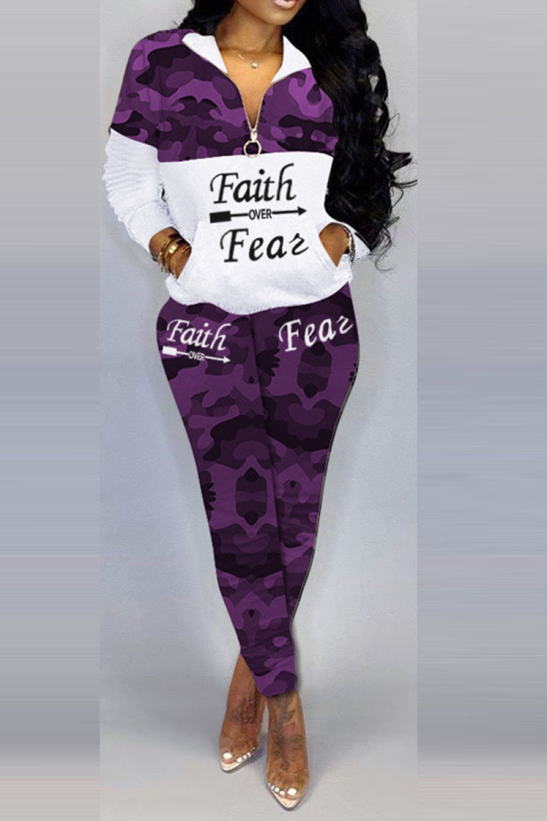 Purple Street Camouflage Print Patchwork Turndown Collar Long Sleeve Two Pieces