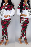 Red Street Camouflage Print Patchwork Turndown Collar Long Sleeve Two Pieces