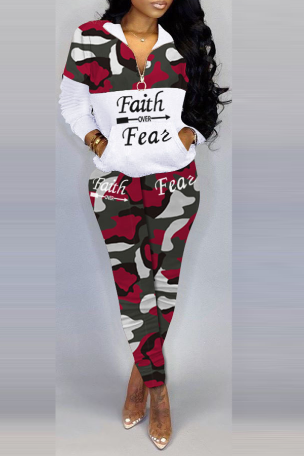 Red Street Camouflage Print Patchwork Turndown Collar Long Sleeve Two Pieces