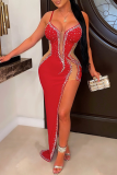 Red Sexy Patchwork Hot Drill Spaghetti Strap Pencil Skirt Dresses
