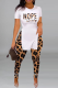 Leopard Print Street Print Slit O Neck Short Sleeve Two Pieces