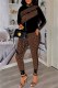 Dark Brown Elegant Print Patchwork Letter Zipper Collar Long Sleeve Two Pieces