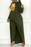 Grey Casual Cartoon Print Patchwork Asymmetrical O Neck Long Sleeve Two Pieces