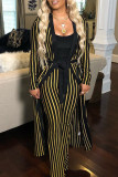 Gold Casual Striped Print Cardigan Pants V Neck Long Sleeve Two Pieces