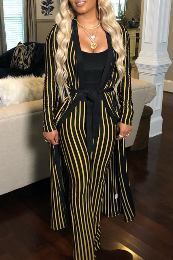 Gold Casual Striped Print Cardigan Pants V Neck Long Sleeve Two Pieces