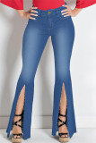 Dark Blue Casual Solid Patchwork Slit High Waist Regular Denim Jeans