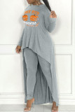Grey Casual Print Patchwork Asymmetrical O Neck Long Sleeve Two Pieces