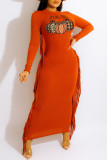 Orange Casual Print Tassel Patchwork O Neck Long Sleeve Dresses