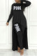 Black Casual Letter Print Asymmetrical O Neck Long Sleeve Two Pieces
