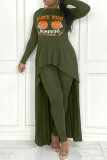 Grey Casual Print Patchwork Asymmetrical O Neck Long Sleeve Two Pieces