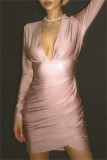 Pink Casual Solid Patchwork Fold V Neck Long Sleeve Dresses