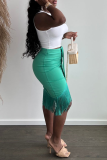Light Green Sexy Solid Tassel O Neck Sleeveless Two Pieces