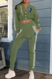 Green Casual Letter Print Patchwork V Neck Long Sleeve Two Pieces