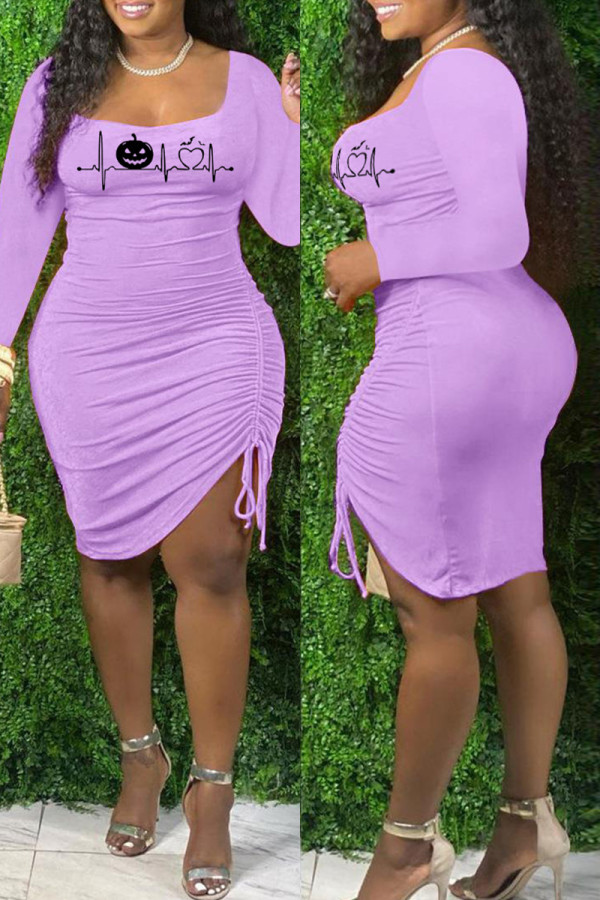 Purple Sexy Casual Print Draw String Frenulum O Neck Long Sleeve Dresses