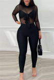Black Sexy Solid Patchwork See-through O Neck Skinny Jumpsuits