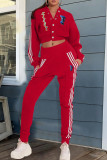 Red Casual Letter Print Patchwork V Neck Long Sleeve Two Pieces