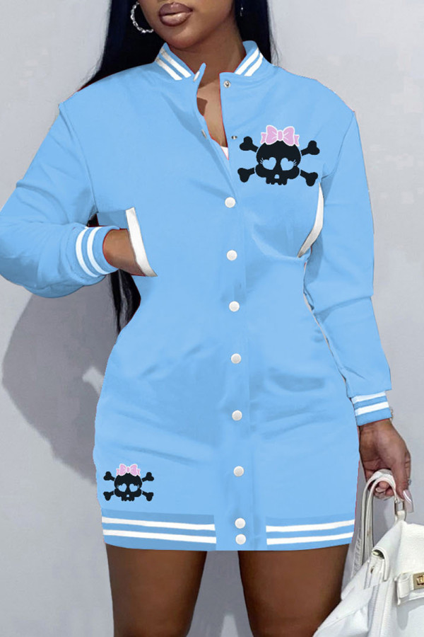 Sky Blue Casual Skull Head Print Patchwork O Neck Long Sleeve Dresses