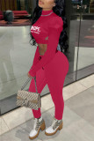 Rose Red Casual Letter Print Patchwork Half A Turtleneck Long Sleeve Two Pieces