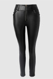 Black Casual Solid Patchwork Skinny Mid Waist Pencil Patchwork Trousers