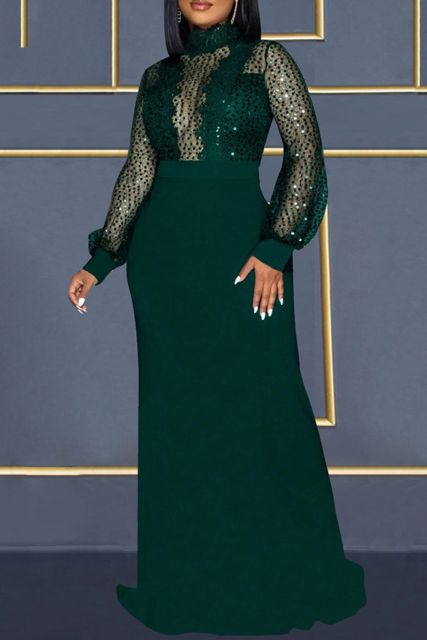 Ink Green Sexy Patchwork See-through Slit Turtleneck Long Sleeve Dresses