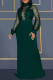 Ink Green Sexy Patchwork See-through Slit Turtleneck Long Sleeve Dresses