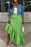 Green Casual Solid Patchwork Asymmetrical Regular High Waist Skirts
