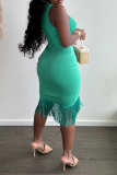 Light Green Casual Solid Tassel Skinny High Waist Pencil Solid Color Bottoms
