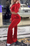 Red Casual Daily Solid Patchwork Hooded Collar Long Sleeve Two Pieces