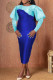 Blue Casual Daily Patchwork Contrast O Neck Long Sleeve Dresses